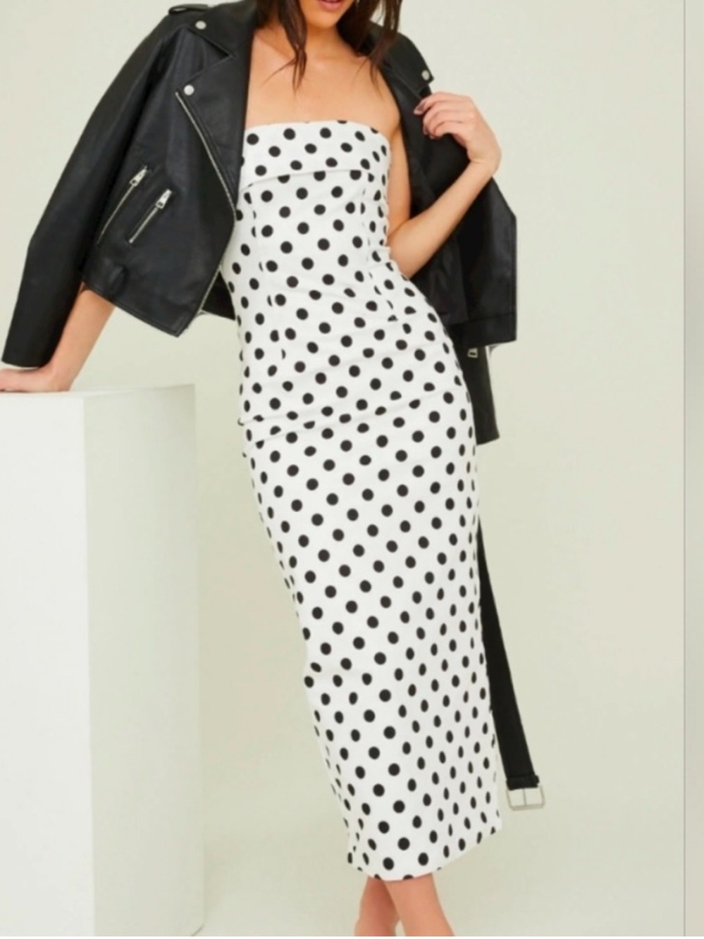 Altar'd State Black & White Polka Dot Strapless Midi Dress